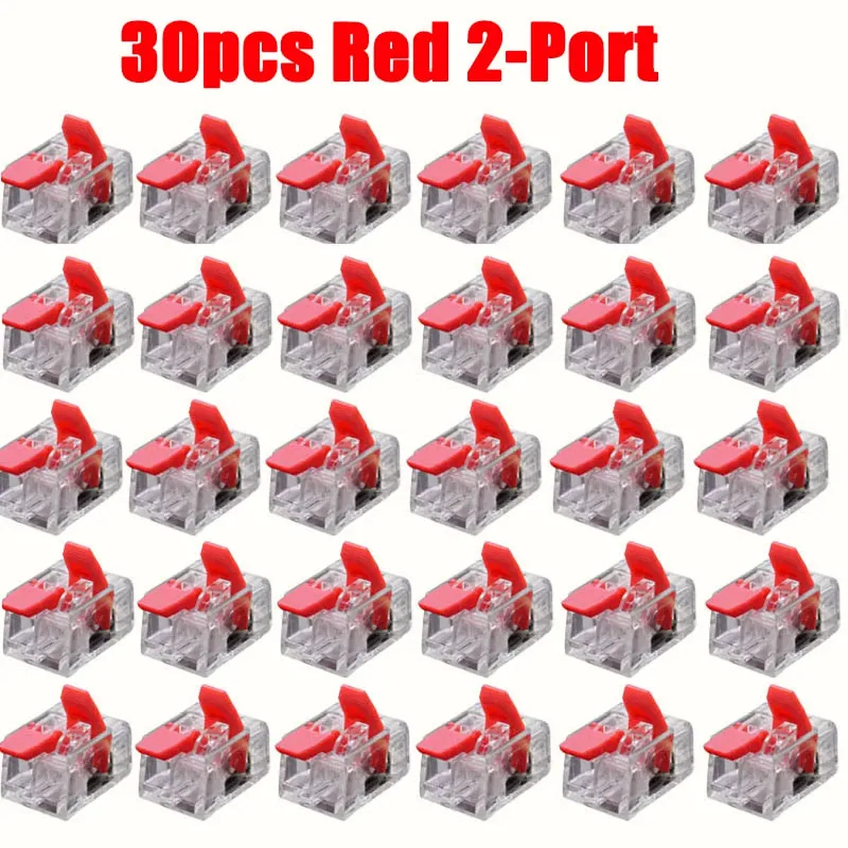 Red 2-port universal plug-in wire connector terminals, a 30-piece set for secure electrical connections with quick installation.
