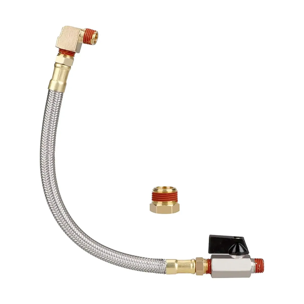 Braided stainless steel hose with brass elbow, reducer fitting and a mini ball valve with black lever