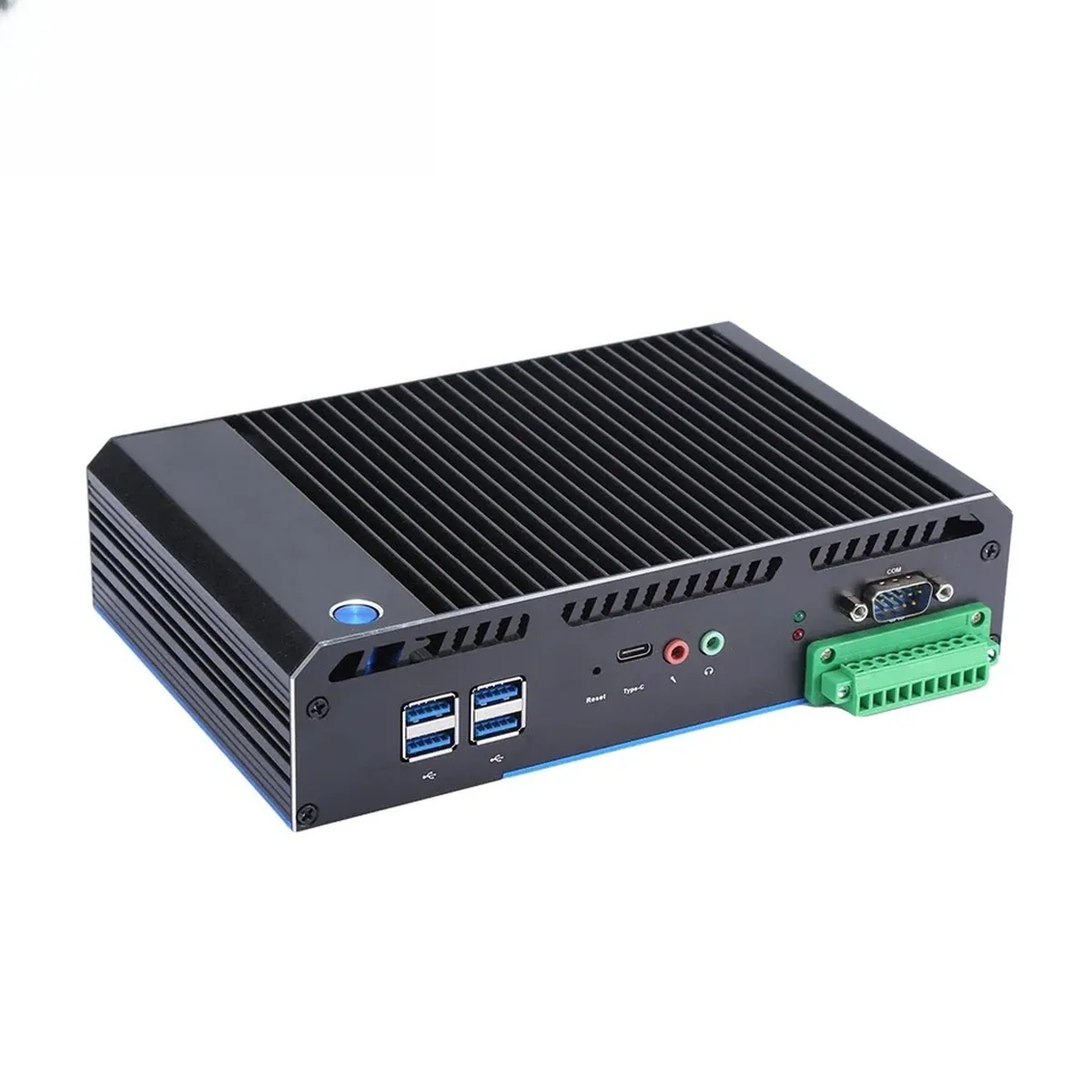 Fanless Industrial Mini PC showing front ports, audio jacks, COM connector, and green terminal block.