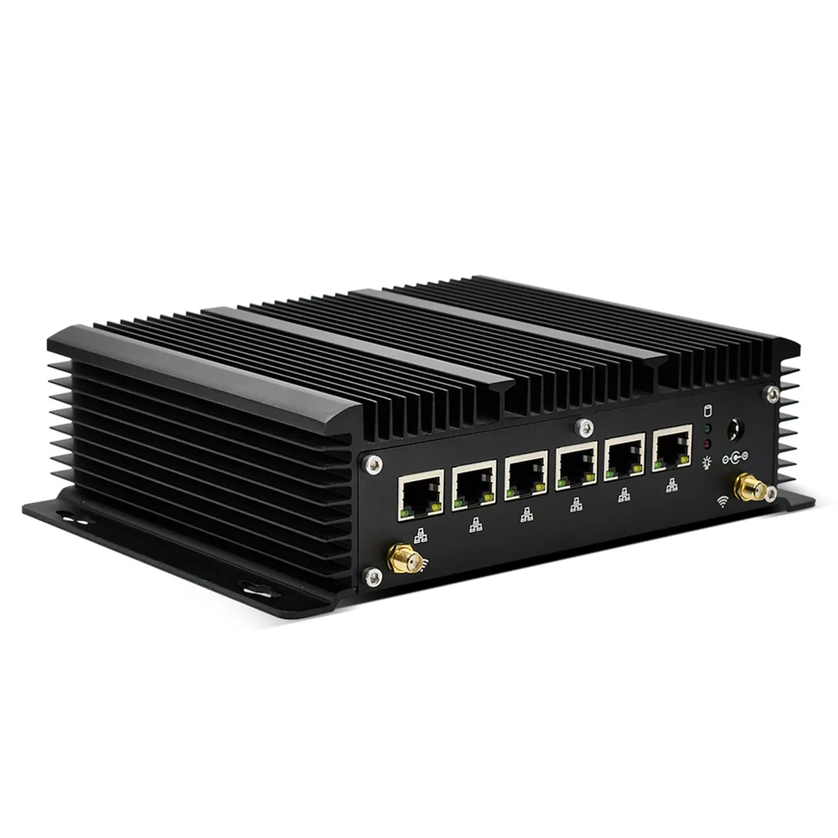 Firewall Appliance Mini PC displaying six RJ45 Ethernet ports and two antenna connectors.