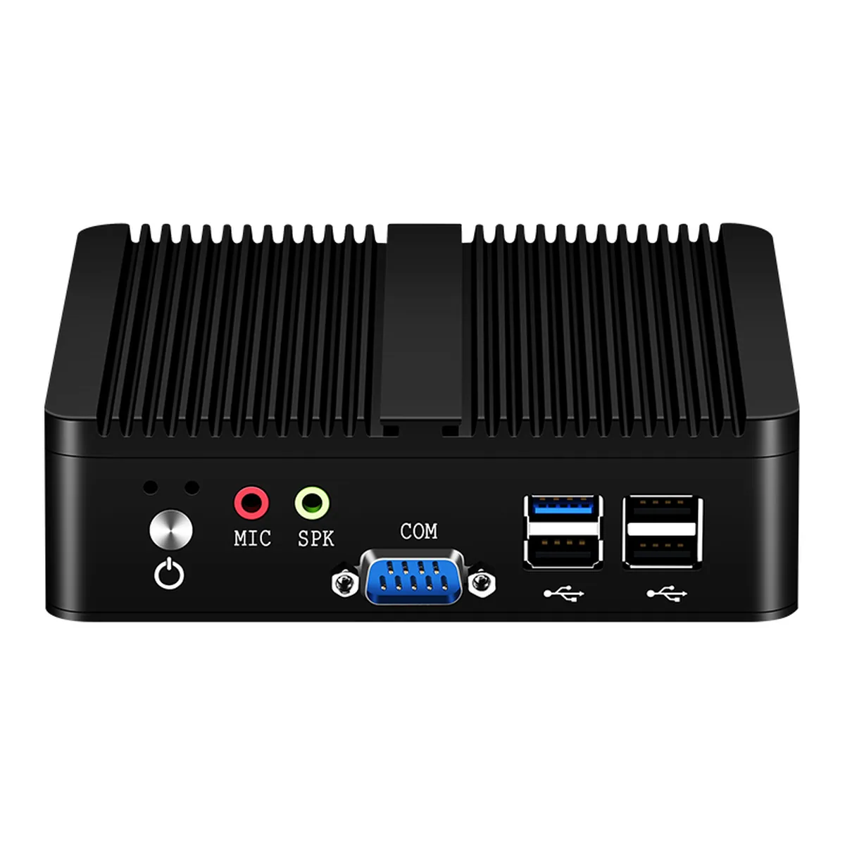 Front view of an Industrial Mini PC showing power button, audio jacks, COM port, and USB ports.