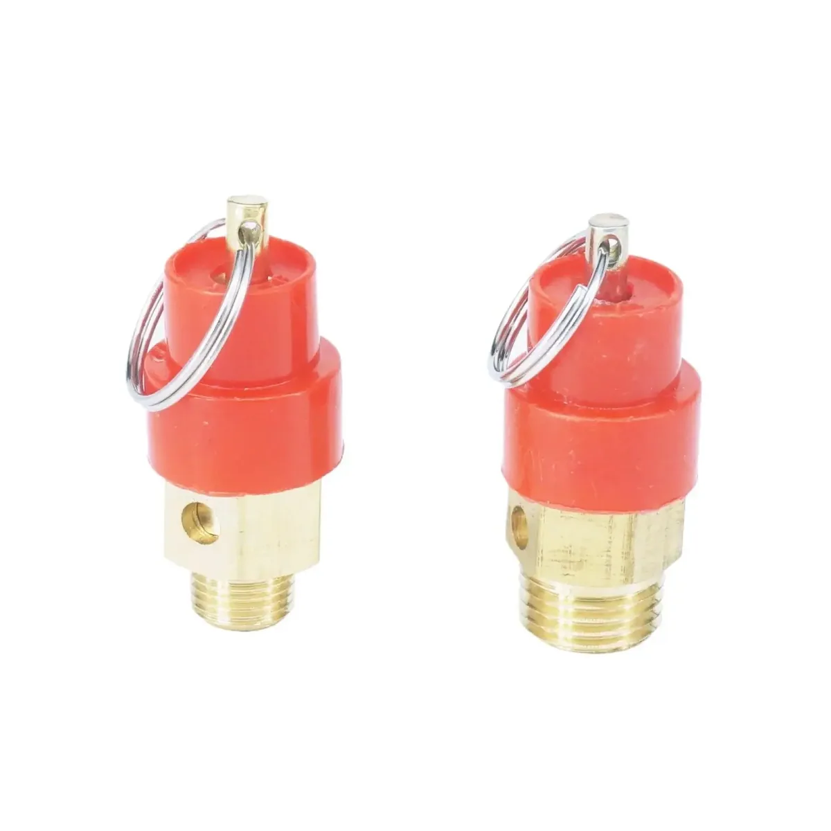 Two red and brass pressure relief safety valves shown side by side