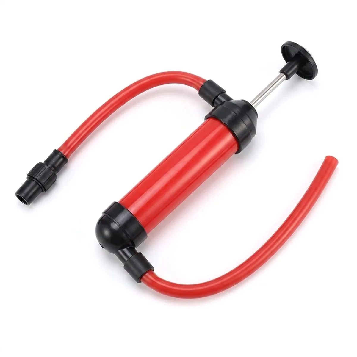 Red plastic siphon pump featuring a black plunger handle and two flexible red transfer hoses.