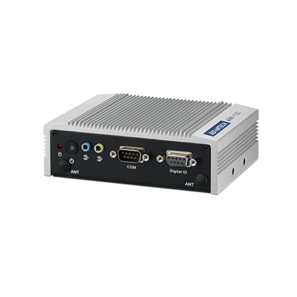 Fanless Industrial Mini PC showing front interface with COM, Digital IO, and audio ports.