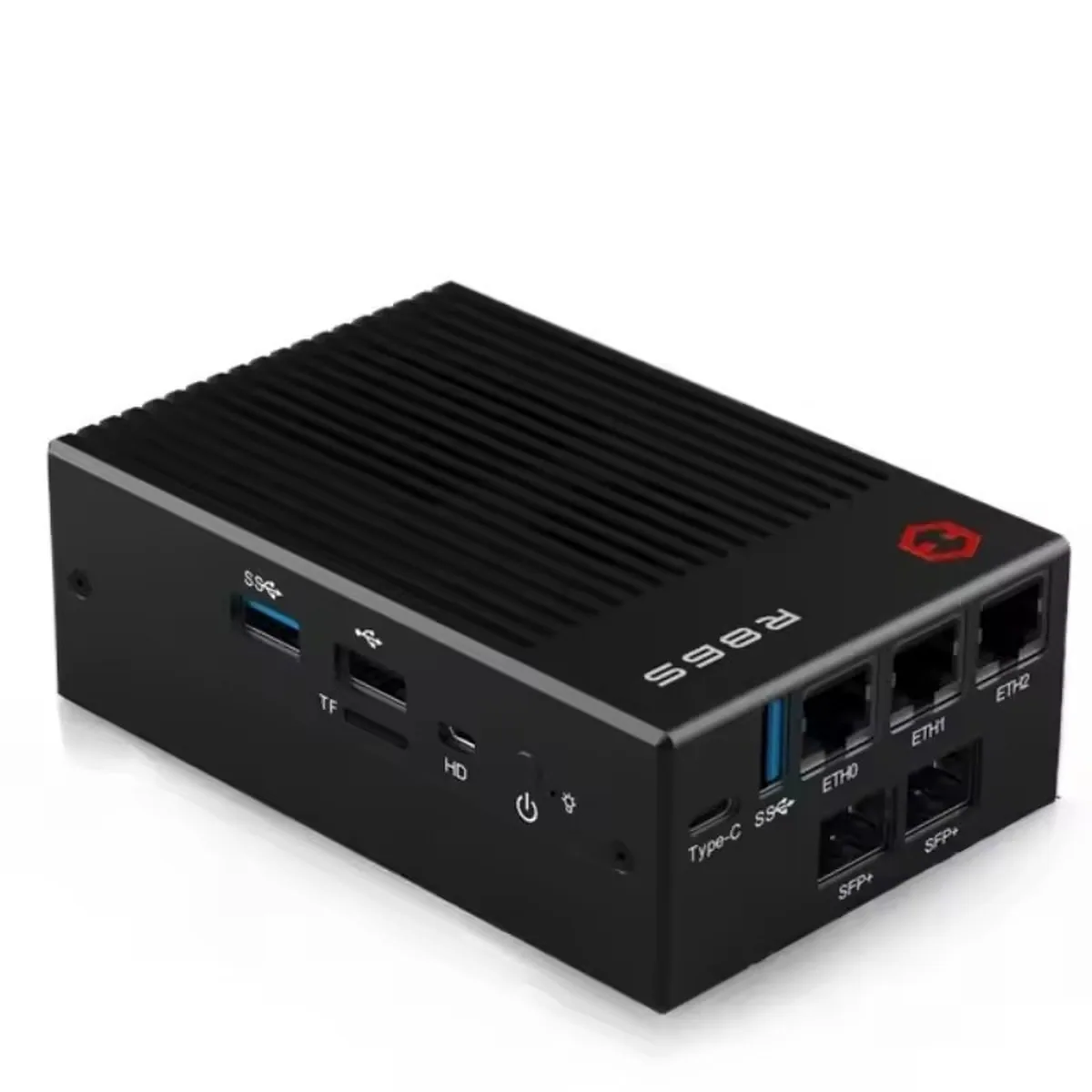 Perspective view of a black Firewall Appliance Mini PC showing Ethernet, SFP+, USB, and Type-C ports.