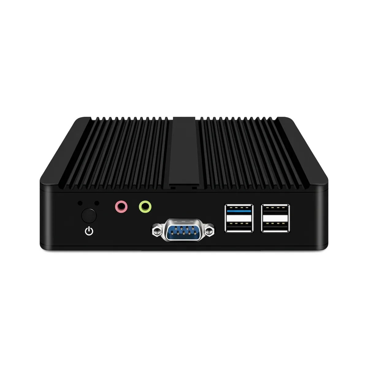 Front view of an Industrial Mini PC with power switch, audio jacks, COM port, and four USB ports.