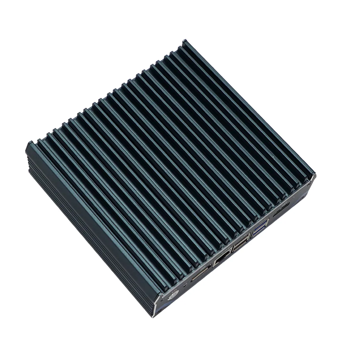Top finned heatsink and side connection ports on a black Appliance Mini PC.