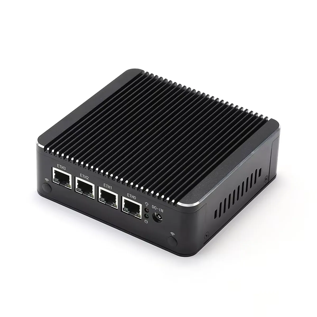 Firewall Appliance Mini PC showing four Ethernet ports, power jack, and top heatsink fins.