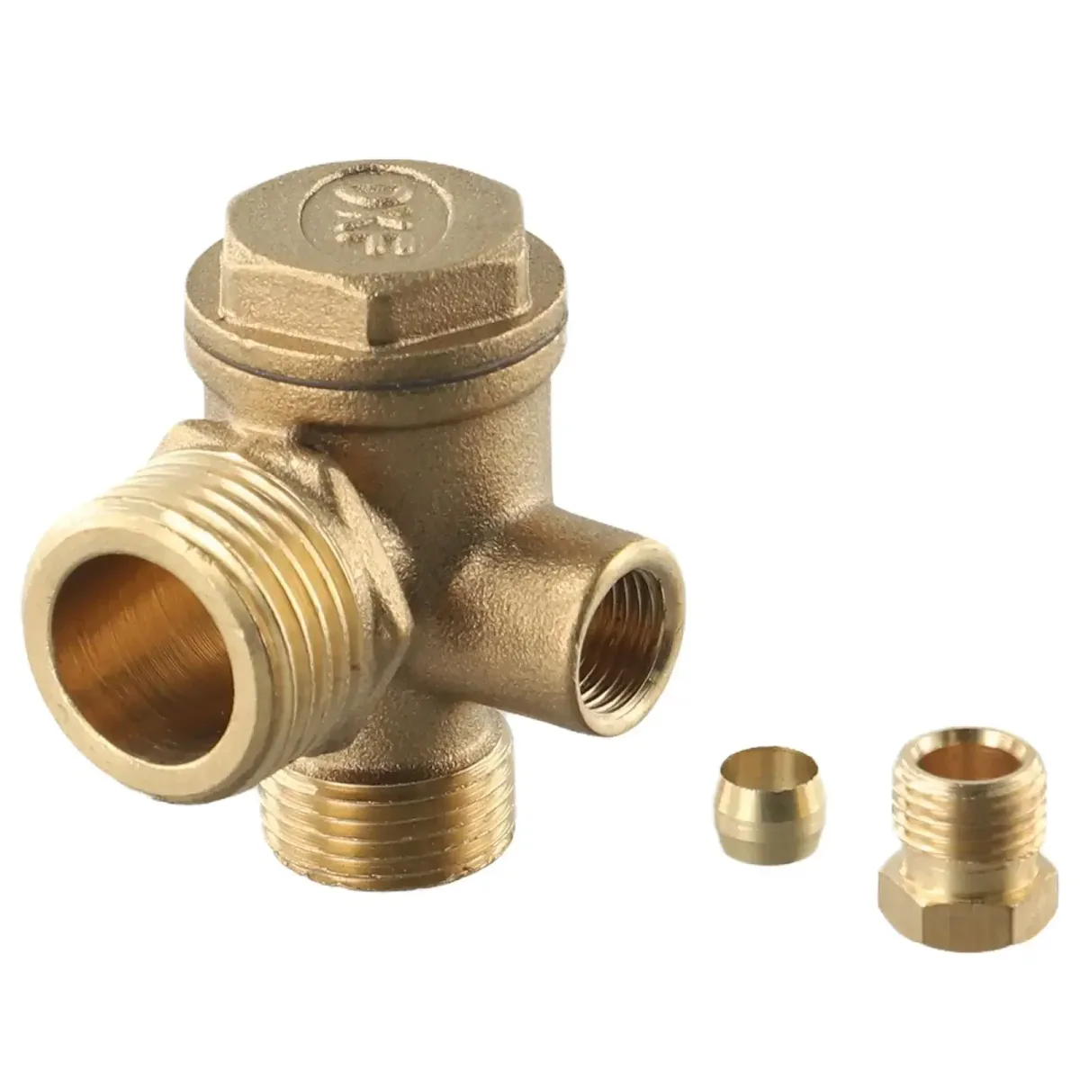Brass 3-port check valve body with two small brass adapter fittings laid out on a white background