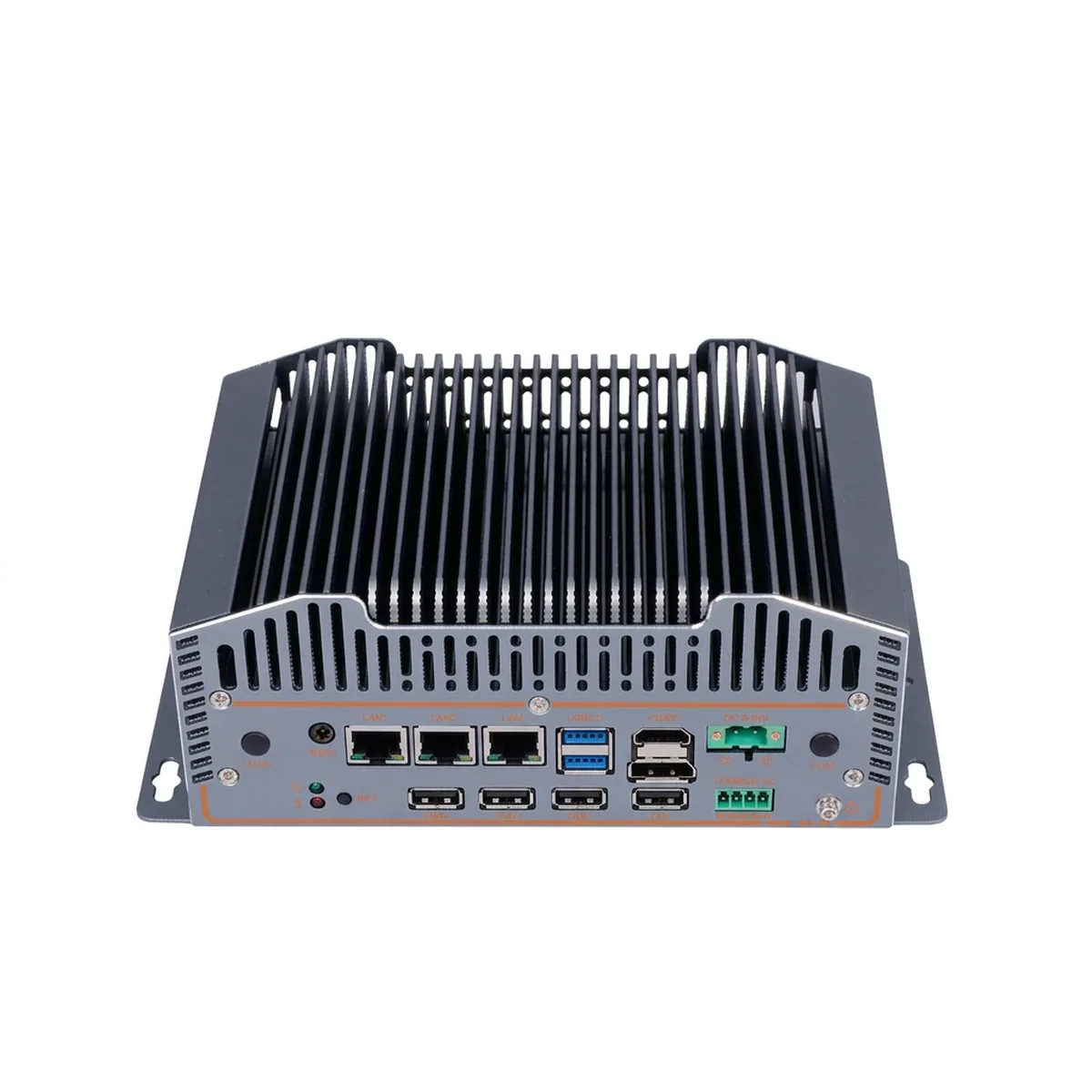 Fanless Industrial Mini PC with finned heatsink and I/O panel featuring LAN, USB, and power ports.