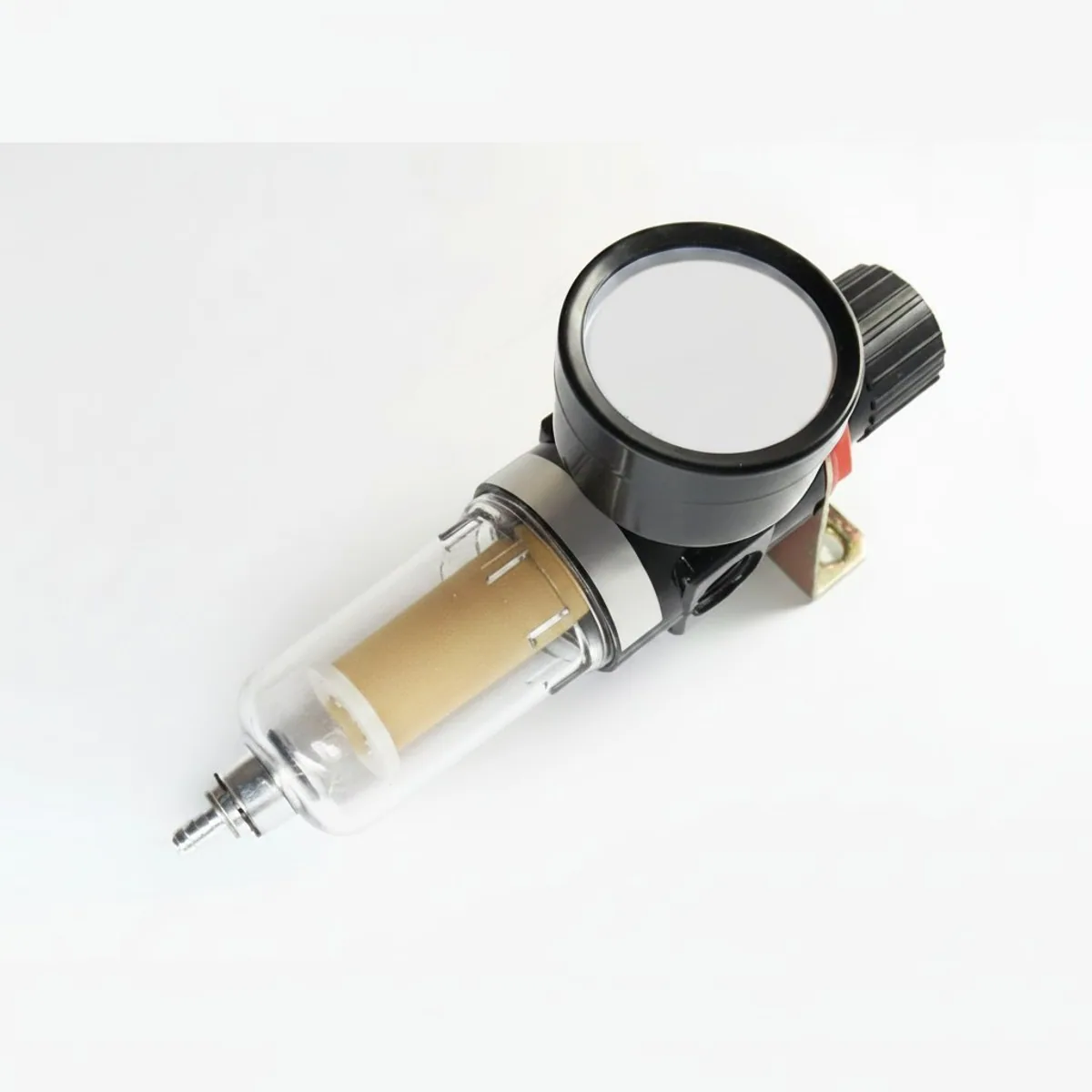 AFR2000 Air Pressure Regulator Filter with water and oil separator for airbrush compressors, showing brass fittings and gauge.