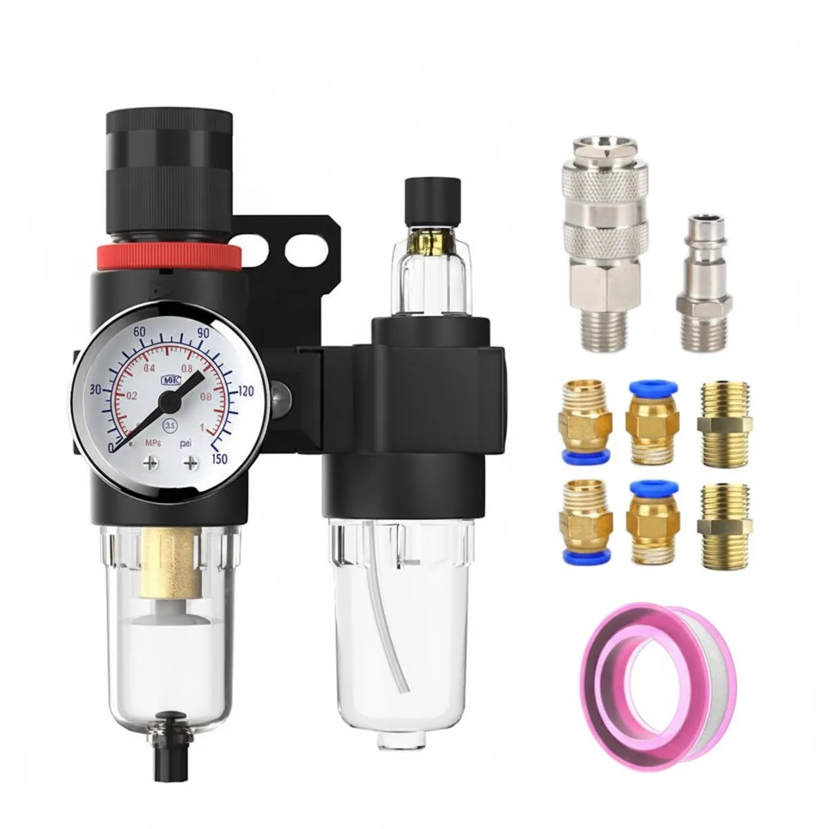 AFC2000 Air Compressor Filter Regulator with Water Oil Separator and 1/4 Inch Pressure Gauge for airbrush and pneumatic tools.