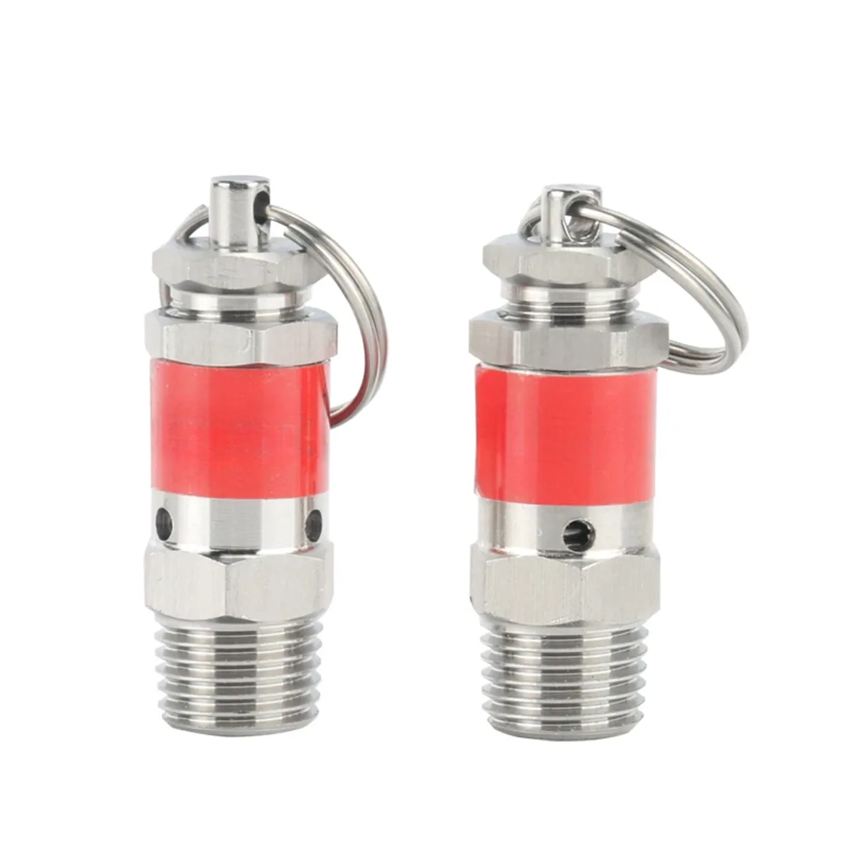 Two stainless steel spring safety relief valves with red bands and pull rings side by side