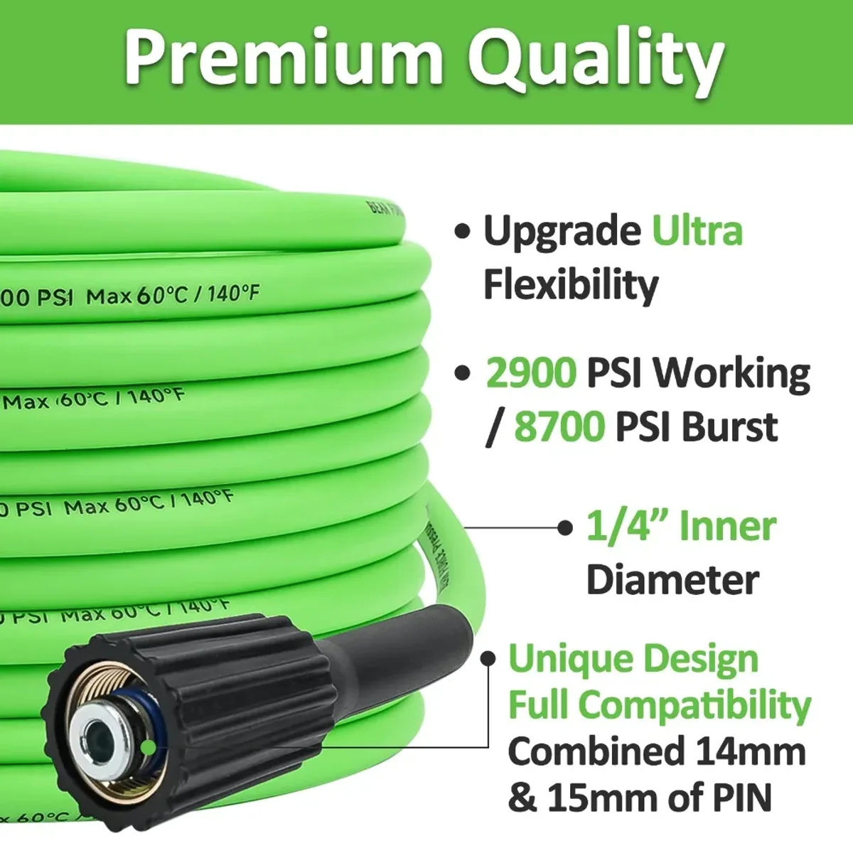 Green pressure washer hose coiled with feature callouts for length, pressure rating and fitting