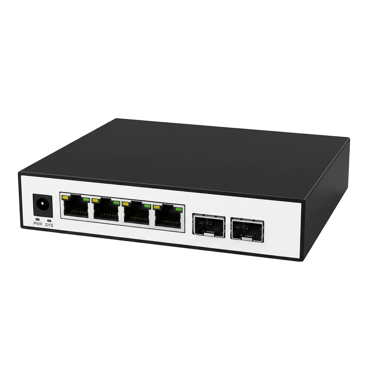 Front view of 4 Port 2.5GbE L2 Managed Switch with power jack, four RJ45 ports, and two SFP slots.
