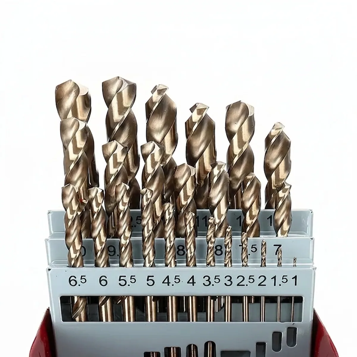 M35 cobalt HSS straight shank twist drill bit set for drilling stainless steel, metal, iron, and woodworking applications.