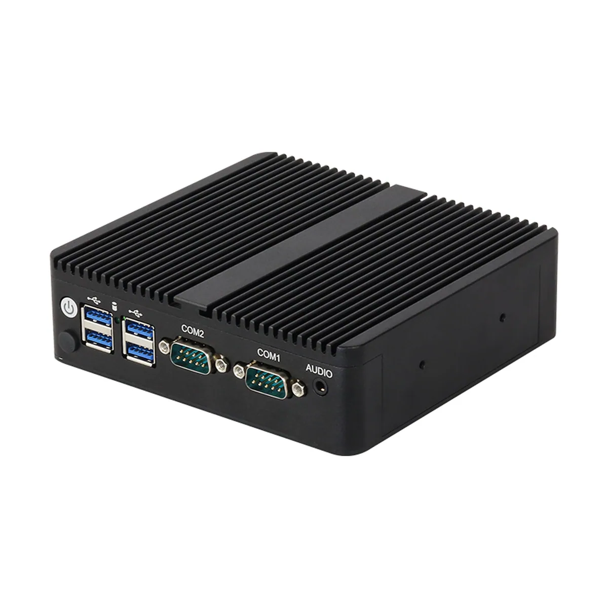 Industrial Mini PC showing front panel with USB ports, dual COM serial ports, and audio jack.
