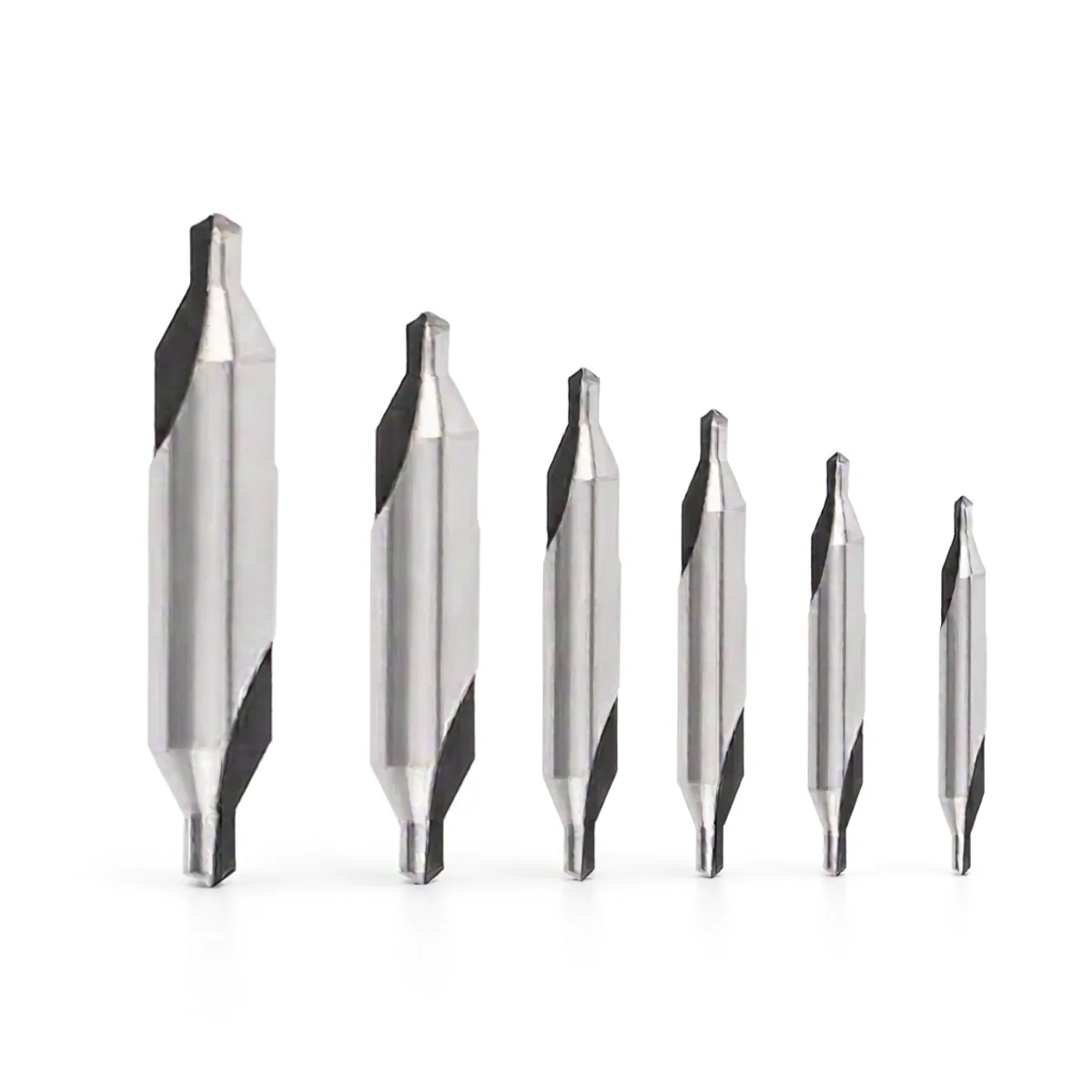 6-piece HSS center drill bit set for metalworking. M35 and 6542 steel construction for precise hole centering before drilling.