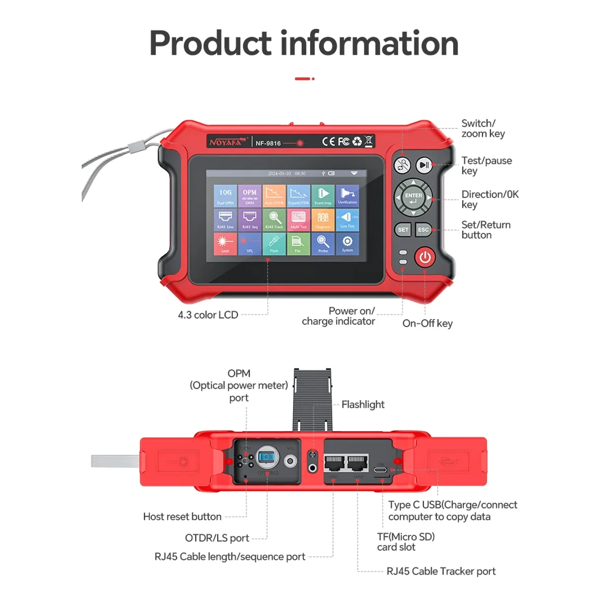 OTDR NF-9816 | 1310/1550nm 28/26dB, 80km | 10G PON OPM, VFL and RJ45 - Thumbnail 2