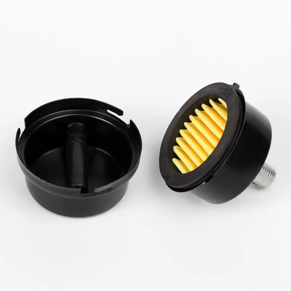 Two black and yellow air compressor intake filter components shown side by side on a white background