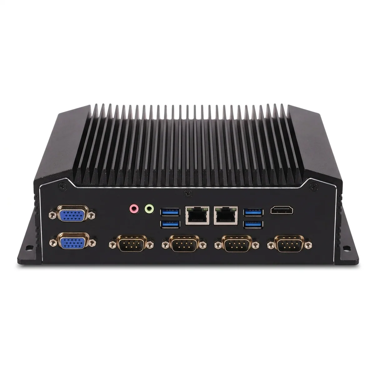Port panel of a black Rail Fanless Industrial Mini PC showing serial, VGA, Ethernet, and USB connections.