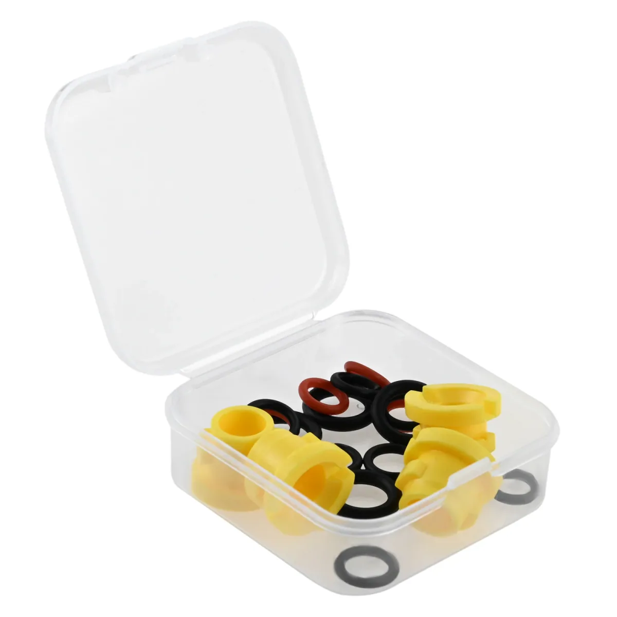 Clear plastic box holding yellow plastic inserts and black and red rubber O-rings