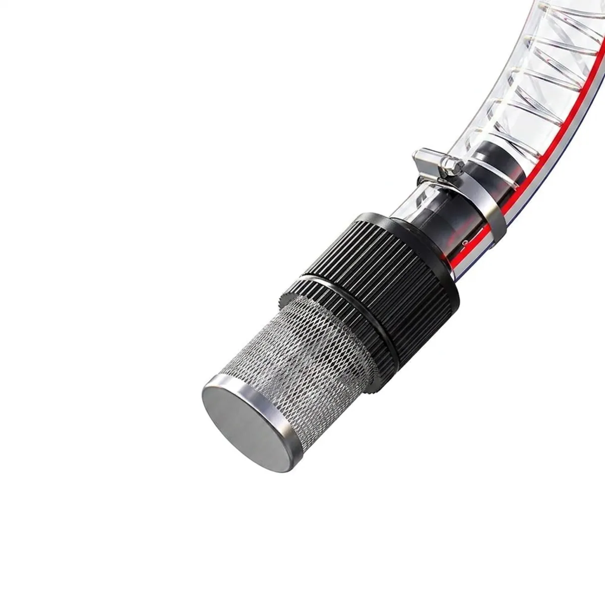Metal mesh strainer clamped to a clear diesel transfer pump suction hose.