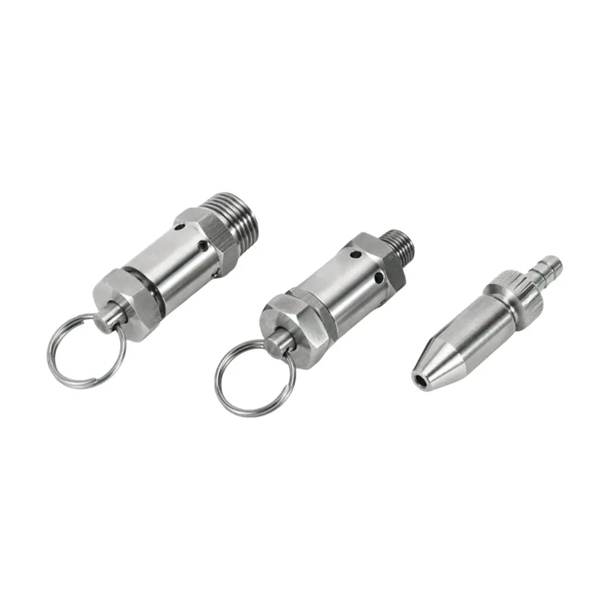 Three stainless steel spring safety valves of different sizes with pull rings on a white background