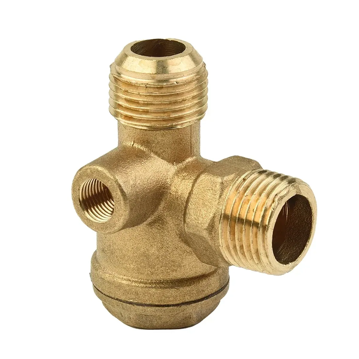 Brass three-port air compressor check valve with male threaded ends on a plain background