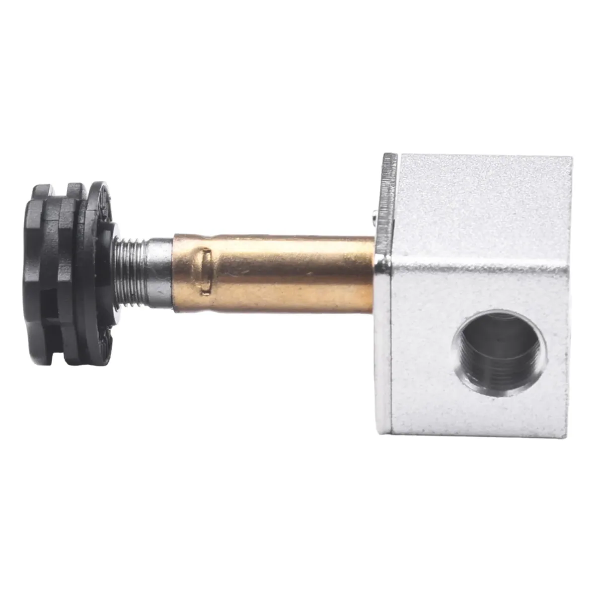 Metal fitting with a brass tube and a black knurled cap shown on a plain background