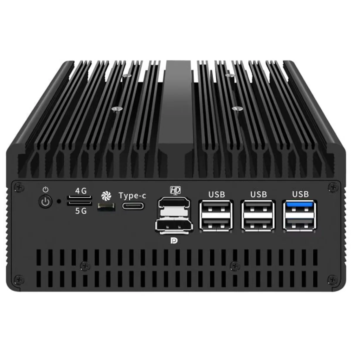 Port panel of Firewall Appliance Mini PC featuring USB, Type-C, display connections, and top heatsink.