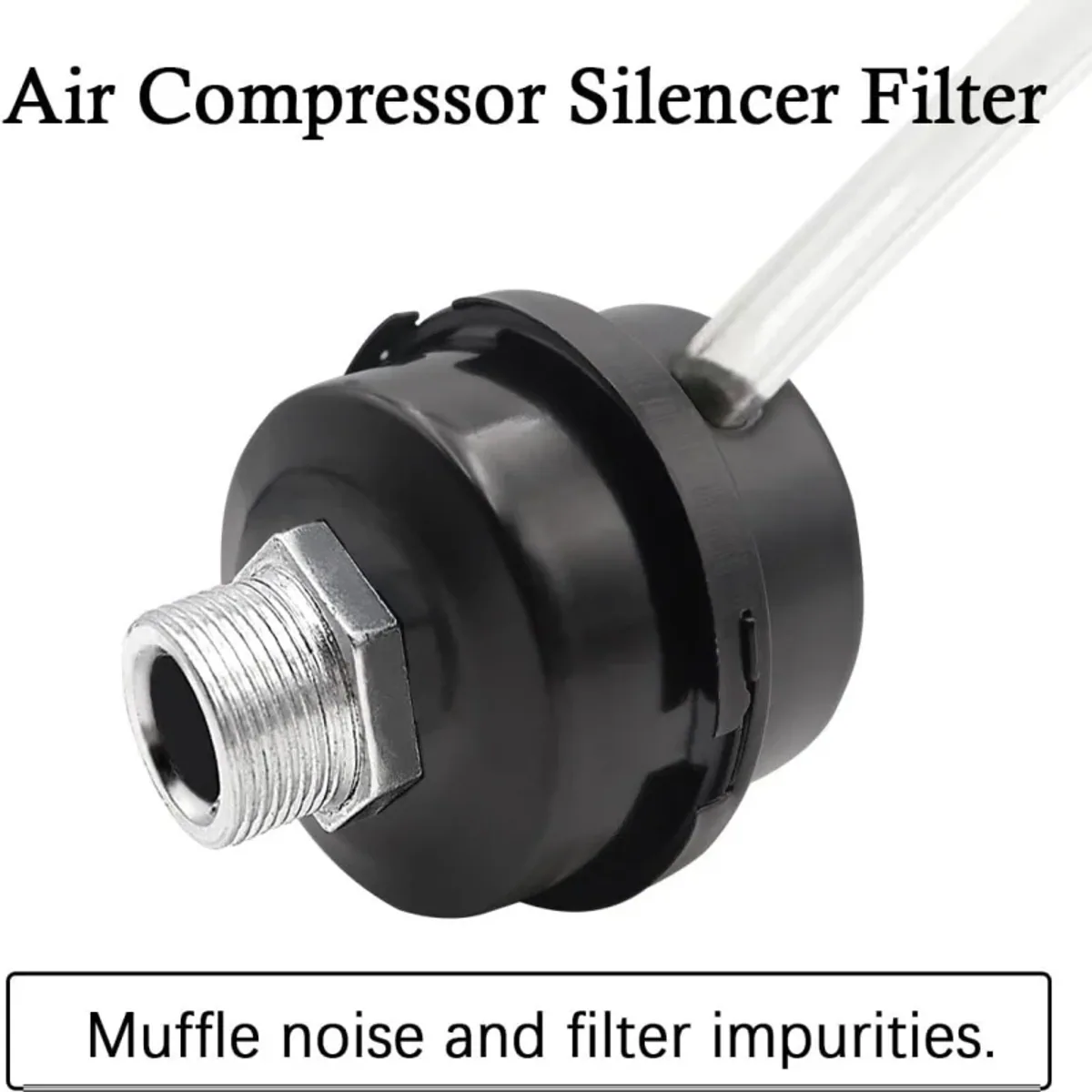 Black air compressor silencer filter with a threaded fitting and a short tube