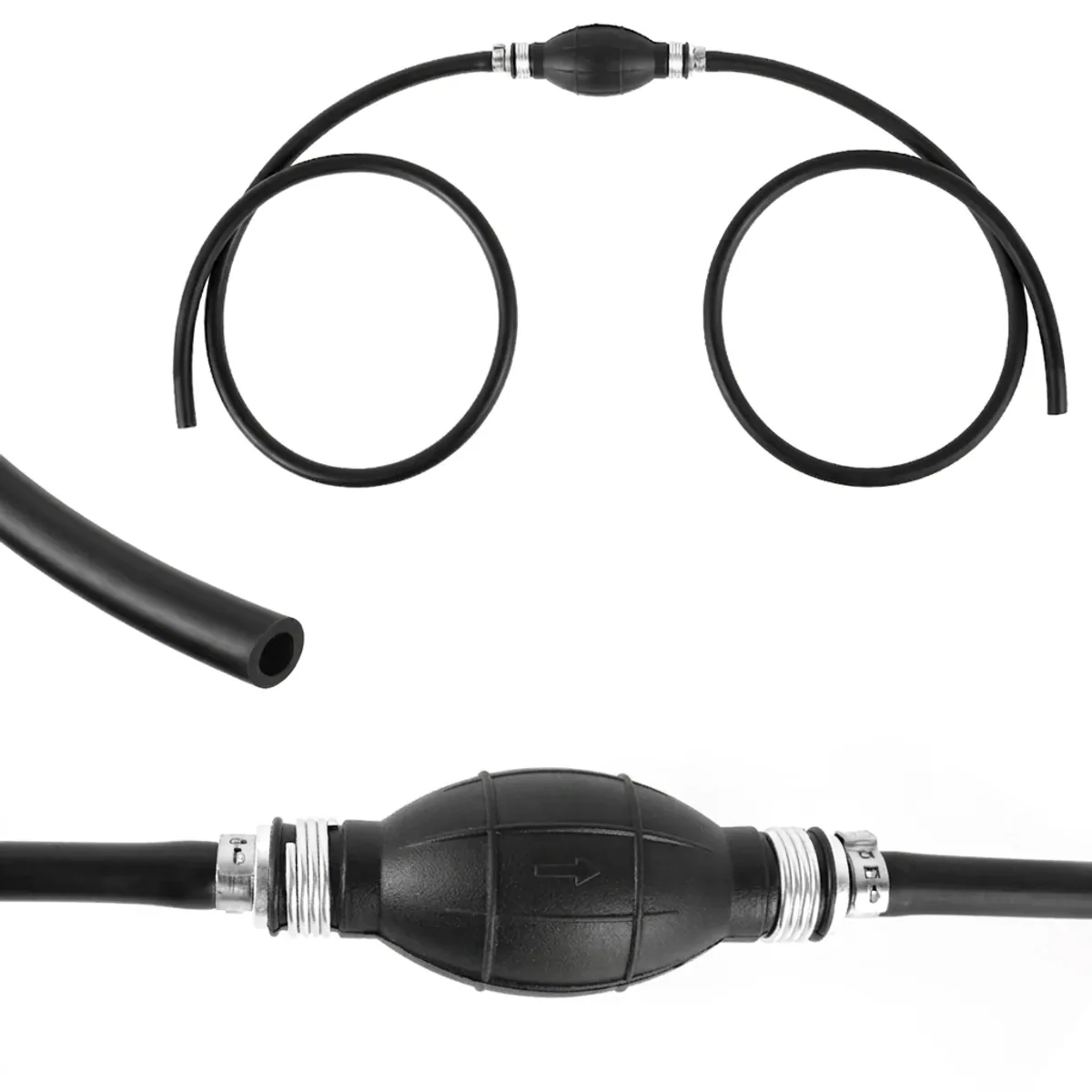 Manual siphon pump featuring black rubber hose, primer bulb, and metal clips.