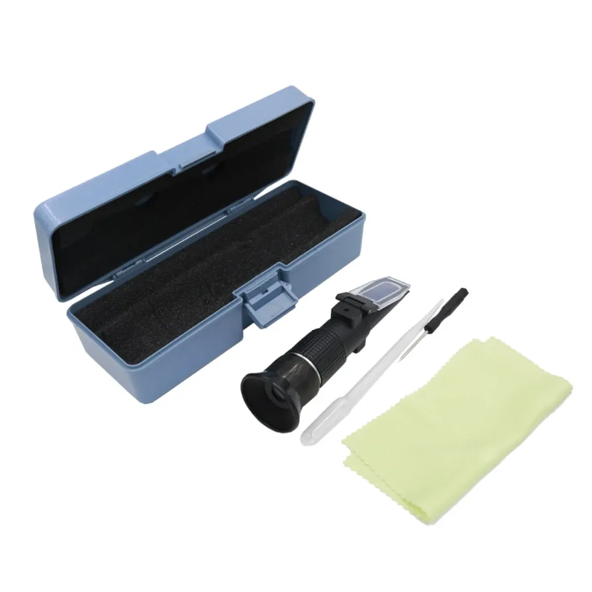 Handheld honey refractometer shown with its carry case, dropper pipette and cleaning cloth