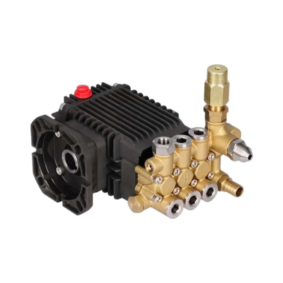 High pressure pump with black housing and brass manifold seen from the front