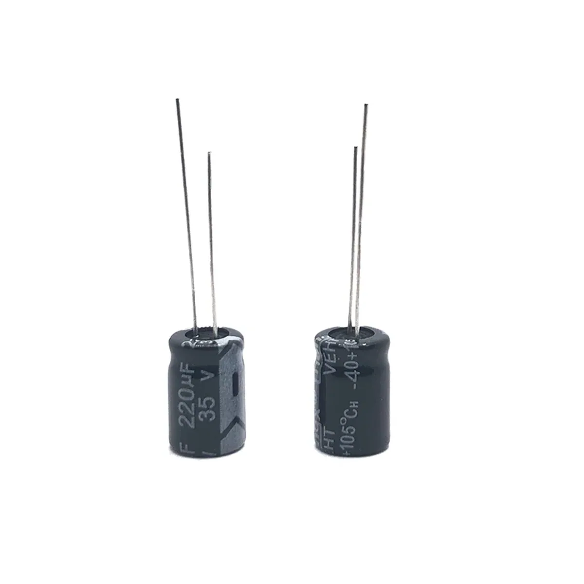 35V 220uF aluminum electrolytic capacitor, 8x12mm radial lead component for circuit boards and power supplies.