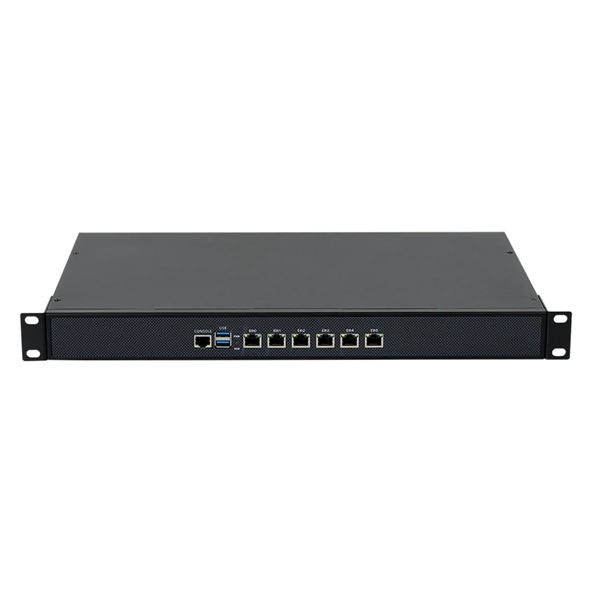 Front view of a 1U Firewall Appliance featuring Ethernet ports, USB ports, and rack mount ears.