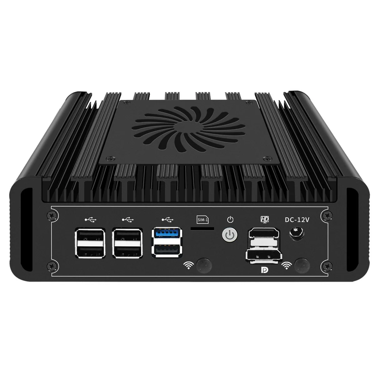 Appliance Mini PC showing front panel with USB, video outputs, power button, and top heat sink fins.