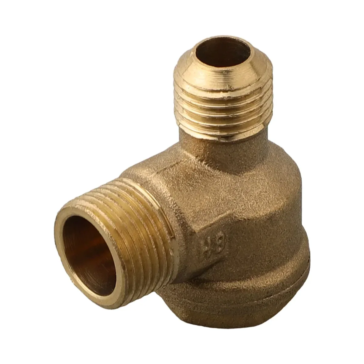 Gold brass elbow check valve fitting with a flared end and a male threaded end