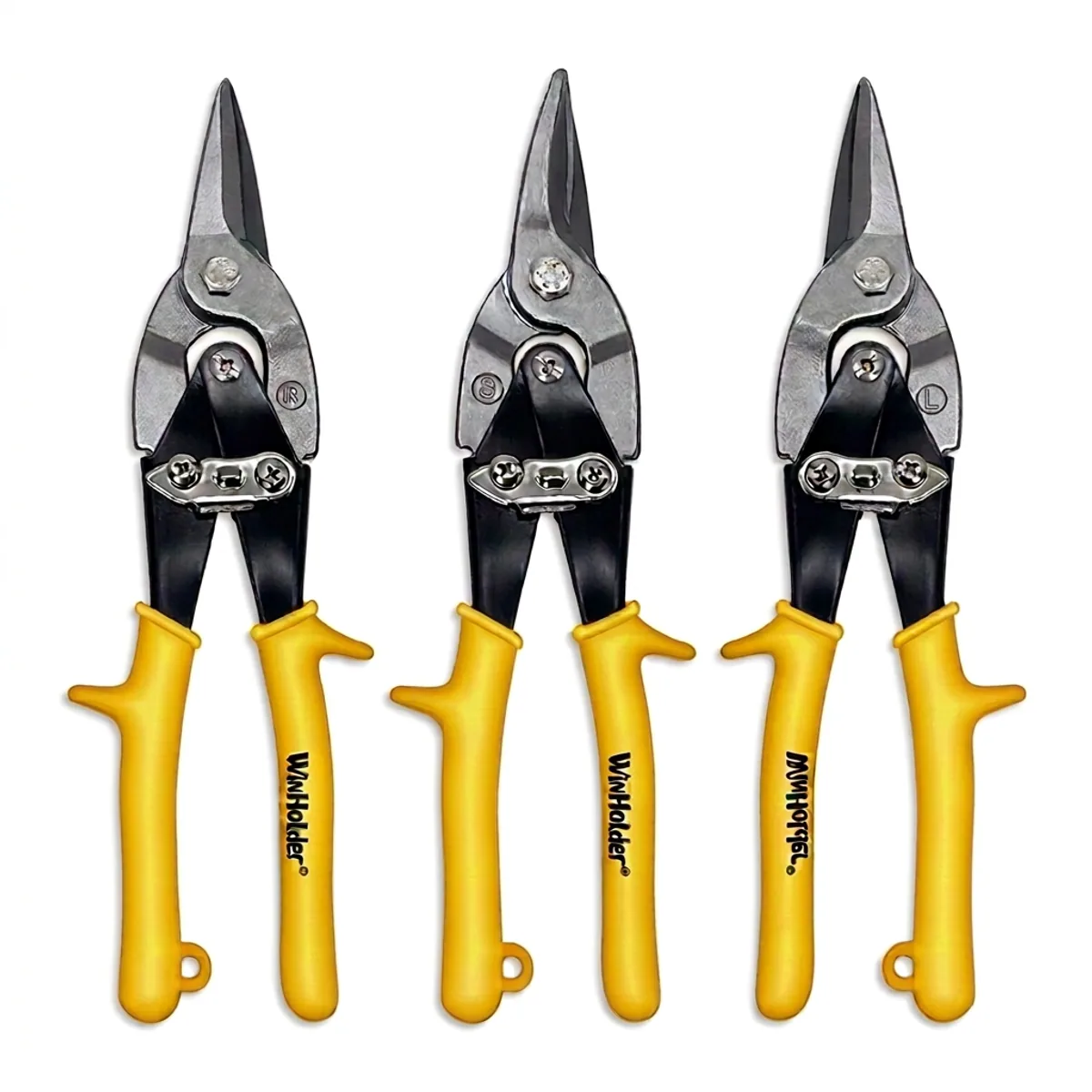 WinHolder Professional Aviation Tin Snip Set with straight, left, and right cut yellow metal shears for precise sheet metal work.