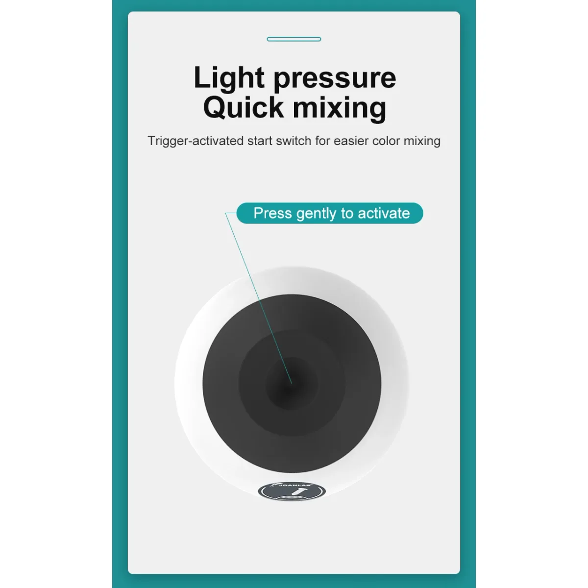 Close-up of the round trigger-activated mixing button on the mini vortex mixer with a callout label