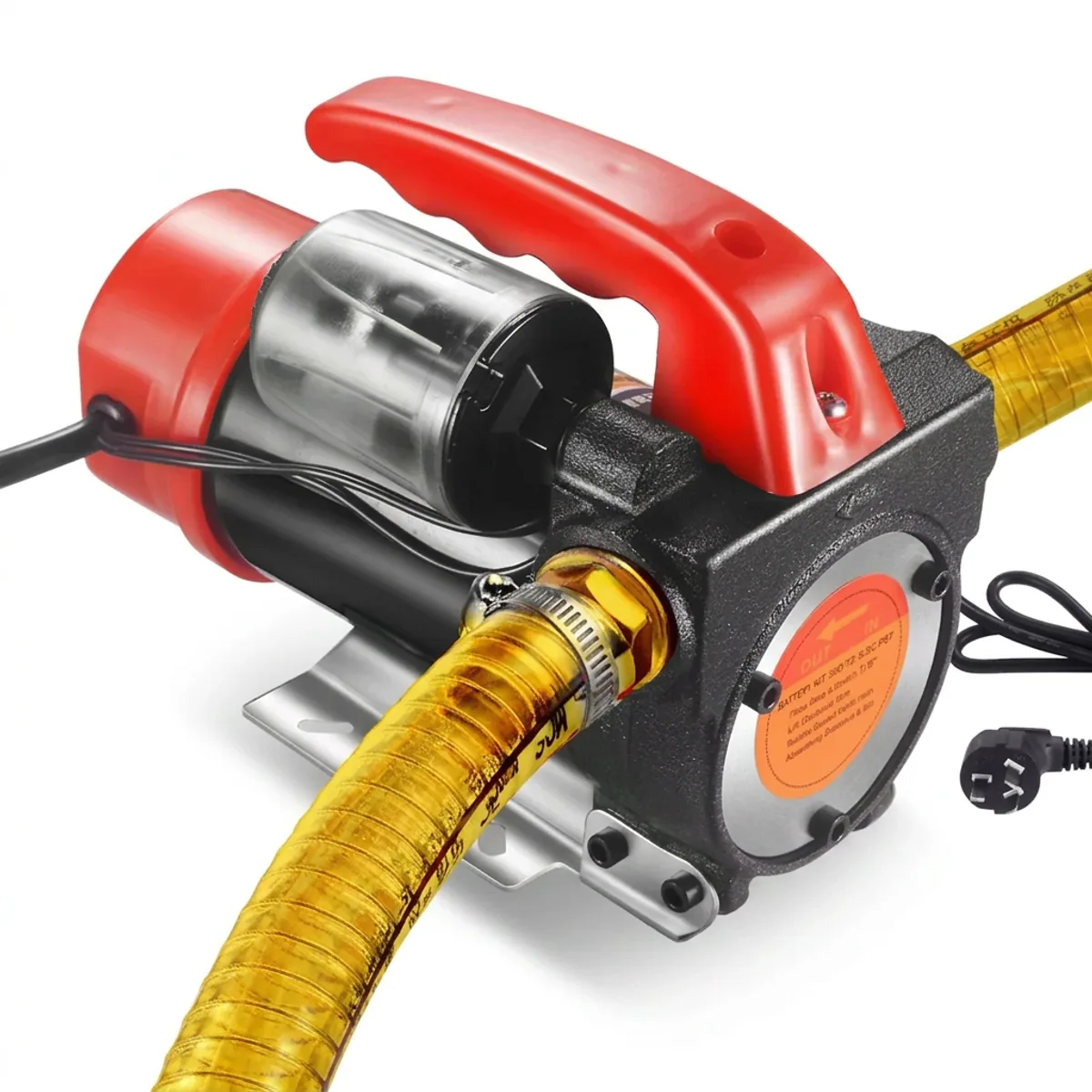 Red and black diesel transfer pump with a reinforced yellow hose, brass fitting, and metal mounting base.