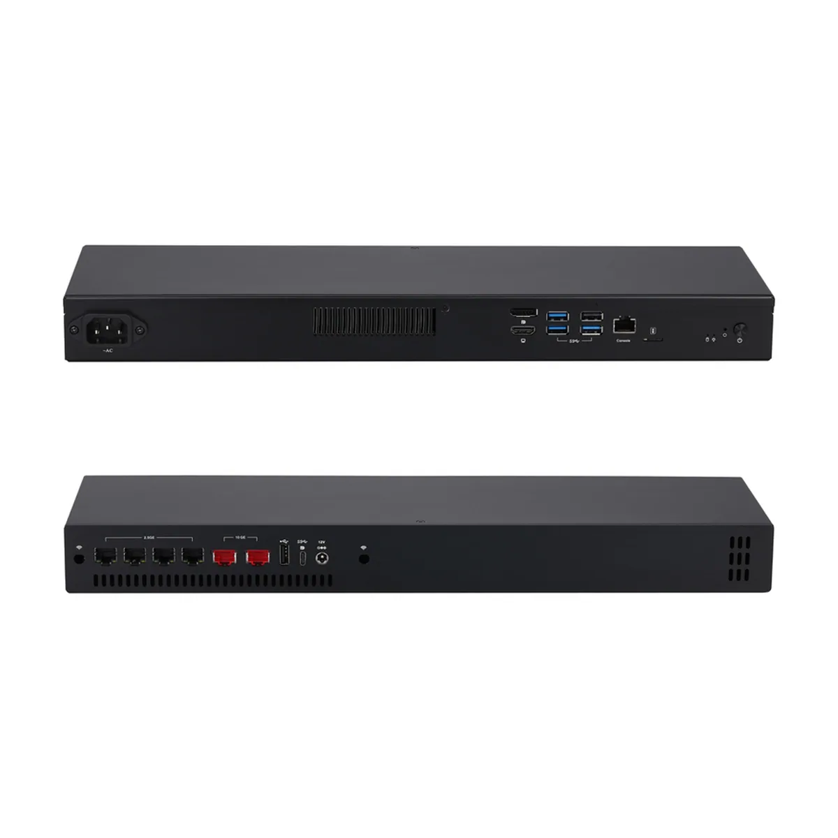Front and rear panels of a Firewall Appliance Mini PC with Ethernet, USB, and power ports.
