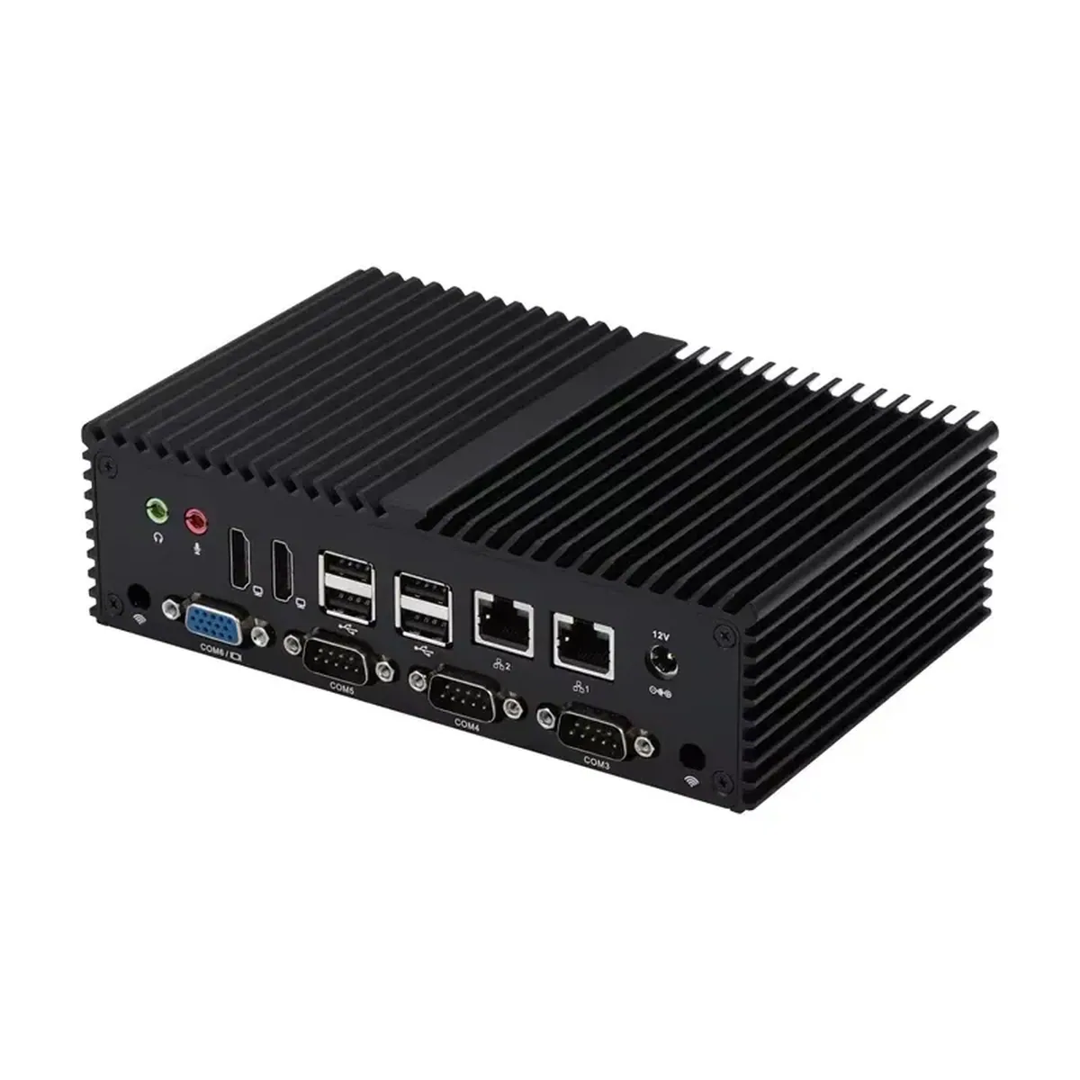 Fanless Industrial Mini PC rear panel showing serial ports, LAN, USB, display outputs, and audio jacks.