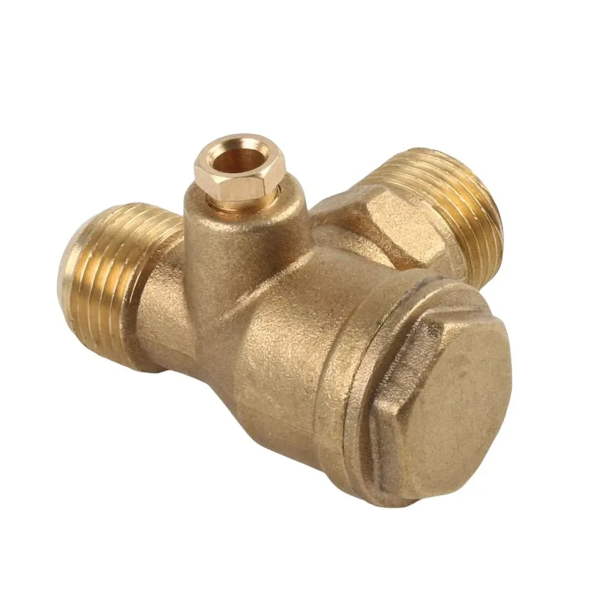 Brass threaded pipe fitting with a hex nut, used as a three-port air compressor check valve