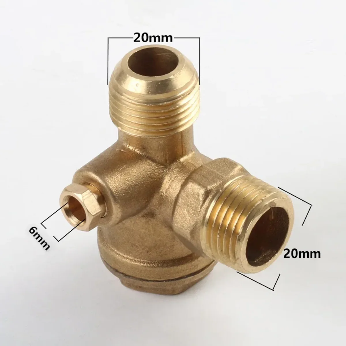 Air Compressor Check Valve | Brass 3-Port | 20mm Male Thread | 6mm Bore - Thumbnail 3