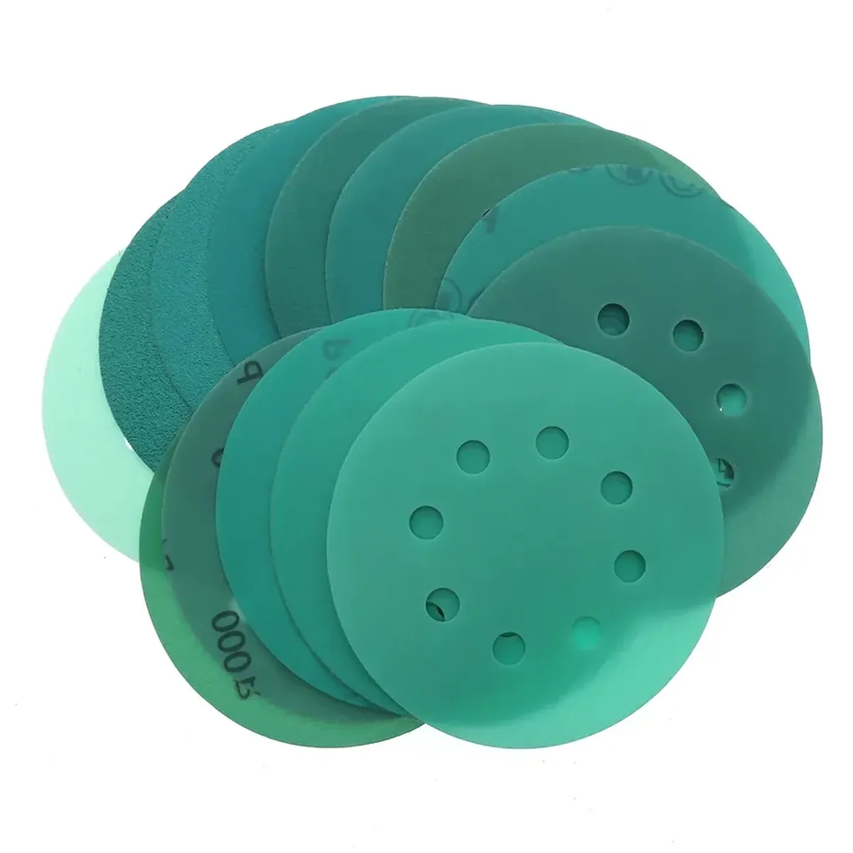 A set of 15 fibre sanding discs, 5 inches (125mm) with 8 holes, ranging from 60 to 2000 grit.