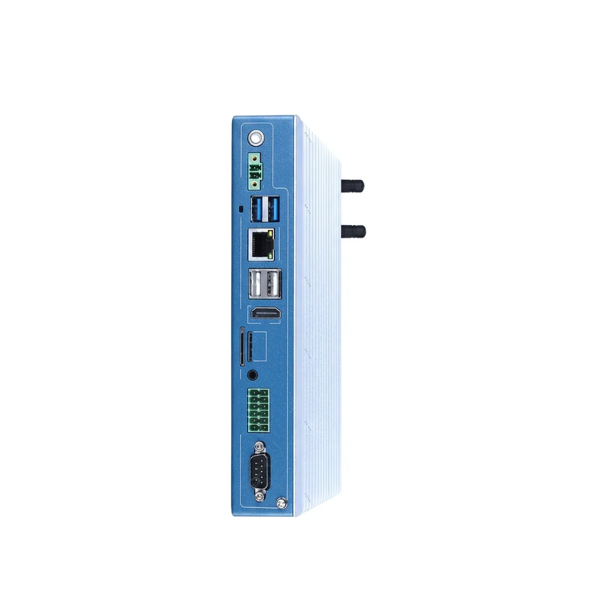 Side panel of an Industrial Mini PC displaying USB, Ethernet, HDMI, and serial COM ports.