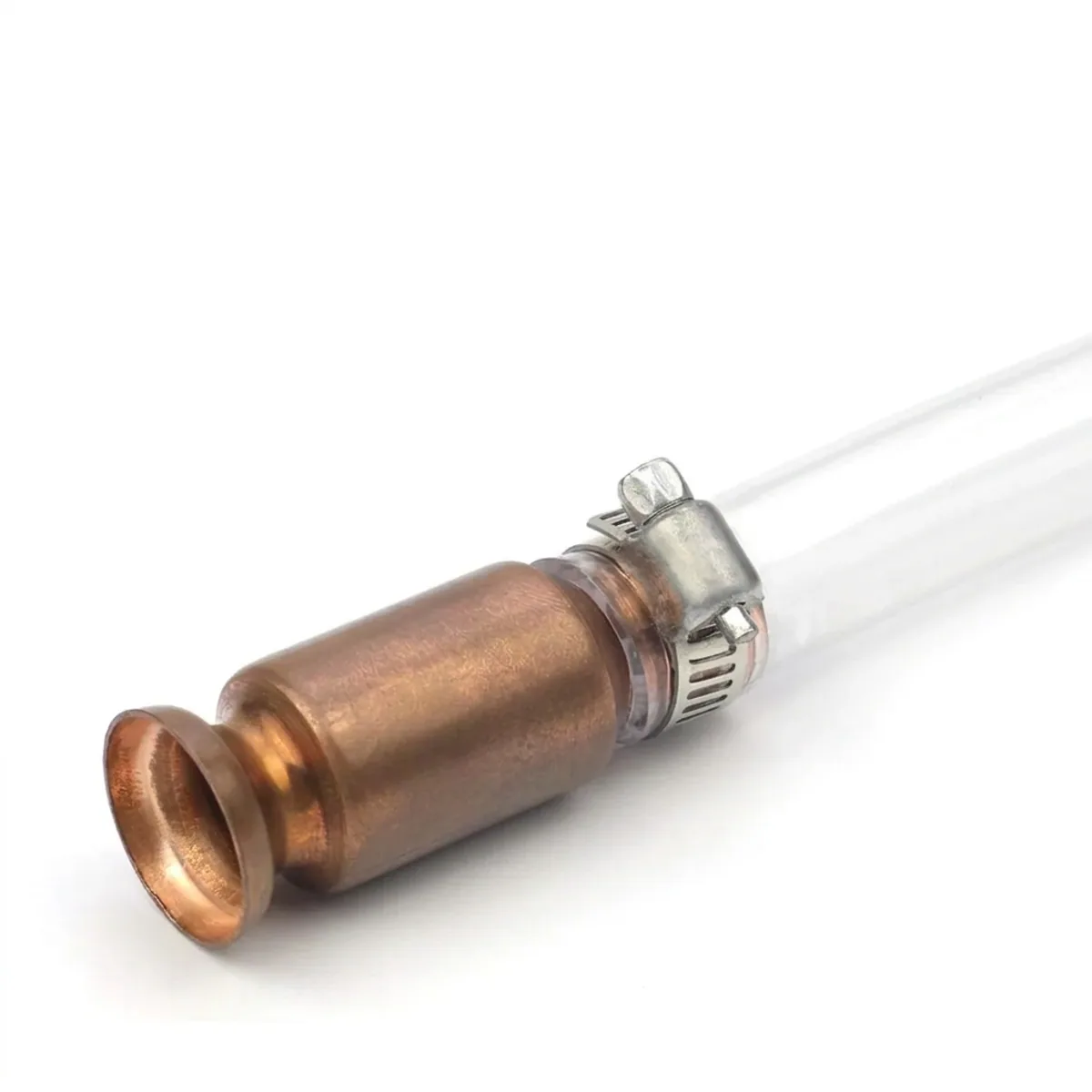 Siphon pump brass shaker valve secured to a clear flexible hose with a metal hose clamp.