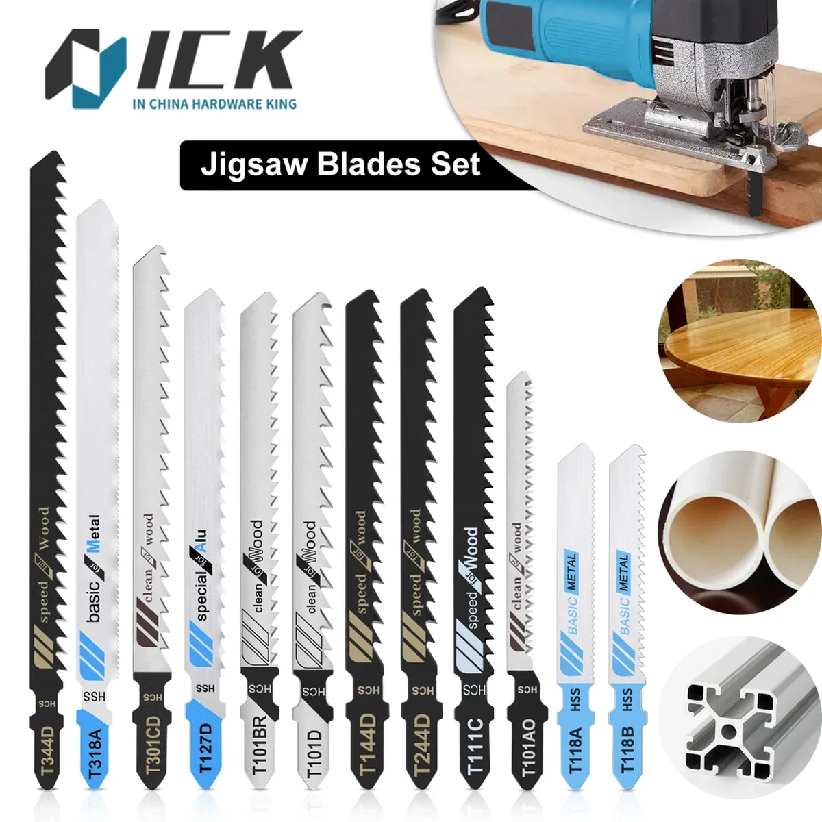 T-Shank jigsaw blades set for cutting wood, plastic, and metal, compatible with Bosch, DEWALT, RYOBI, and Makita saws.